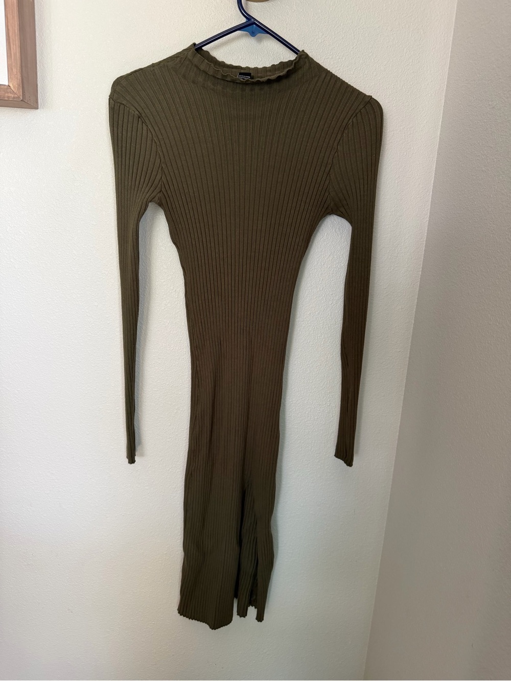 Olive Ribbed Long-Sleeve Midi Dress